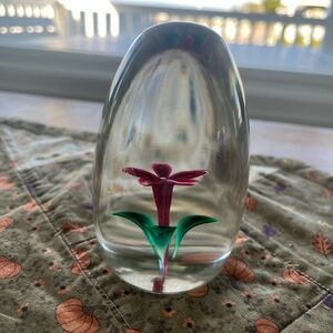 Ovoid Glass Paperweight with Red Flower Green Leaves Vintage